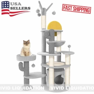 72" Cat Tree Tower with Cat Condo and Sisal Scratching Post in Light Grey Color - Picture 1 of 8