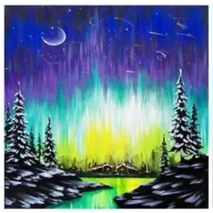 Kit pittura diamanti 5D 30X30 cm - luna crescente sul fiume con aurora boreale - Foto 1 di 2