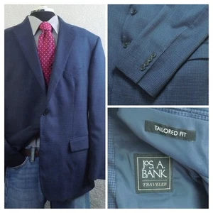 Jos A Bank 46R Travelers tailored fit Wool Blazer Sport Coat Blue Black Check - Picture 1 of 13