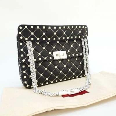 Bolso de Hombro Valentino Acolchado Rockstud Spike Cuero Negro Diseñador Bolso de Mano Foto 1 de 4