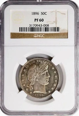 Medio dólar de plata barbero 1896 50c NGC PF60 prueba Foto 1 de 2