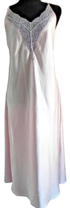 VTG Halston M pale pink Long Satin & Lace Nightgown Slip Dress Side Slits - Picture 1 of 4