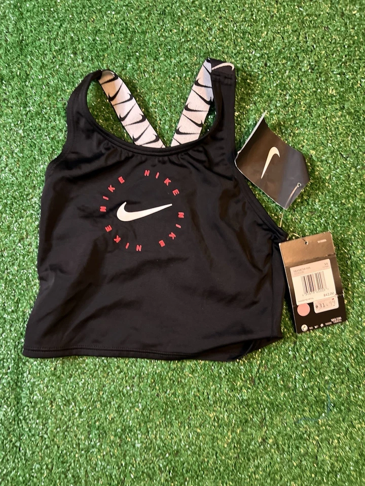 Nike Logo Tape Black Cross Back Tankini Swim Top Size SMALL Girls