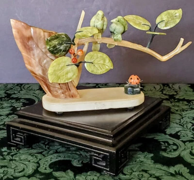 Antique ASIAN Abalone Jadeite Coral on Onyx Carved Jade Birds On Limb Lady Bug - Image 1 of 4