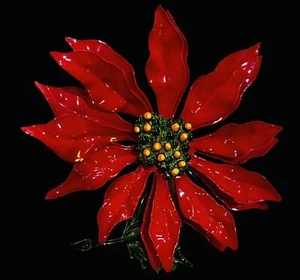 VINTAGE RED ENAMEL CHRISTMAS POINSETTA FLOWER HOLIDAY PIN BROOCH 4" - Picture 1 of 3