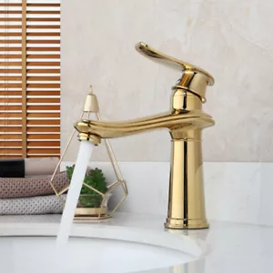 Bathroom Gold Polished Long Spout Taps Mixer Deck Mounted Single Level Faucet - Bild 1 von 10