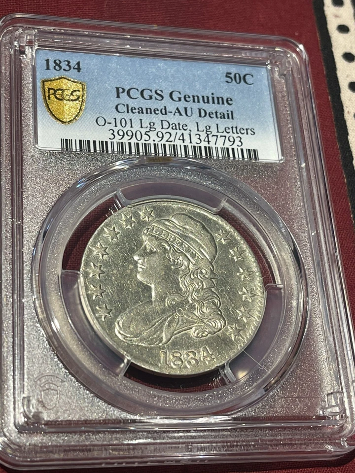 Серебряный золотой щит с крышкой 1834 50C PCGS AU детализация O101 Lg. Дата Lg. Письмо - Изображение 1 из 4