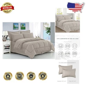 Luxurious 8-Piece Dobby Comforter Set - Twin/Twin XL in Linen with Smart Sheets - Picture 1 of 10