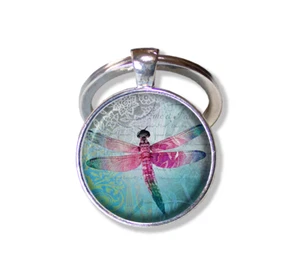 Lovely Pink Blue Dragonfly Nature - Handmade Glass Pendant KEYCHAIN Key Ring - Picture 1 of 7