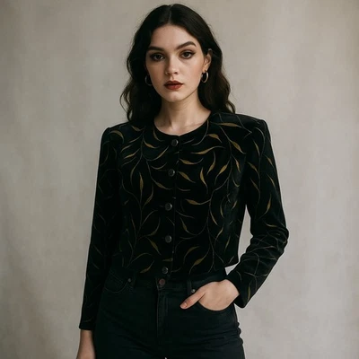 Chaqueta corta de terciopelo vintage informal esquina anexo años 90 talla 6 caprichoso hoja dorada retro Foto 1 de 4