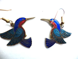 CLOISONNE BIRDS PIERCED HANGING EARRINGS - Picture 1 of 1