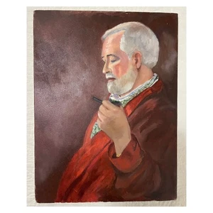 Original Oil Painting Man With Pipe Unframed Canvas Unsigned 12" x 16" - Picture 1 of 3