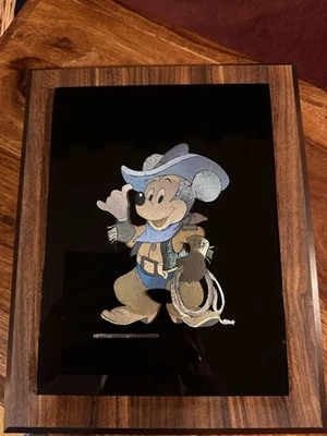 Vintage Walt Disney Cowboy Mickey Mouse Glass Art Plaque Kafka Industries USA - Image 1 of 4