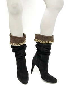 Sergio Rossi Vintage Long Boots - Black / Brown Suede / Chain Trim - 39 / UK 6  - Bild 1 von 11
