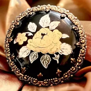 Floral Damaszener Brosche schwarz Emaille goldfarben Aluminium Vintage West Germany Anstecknadel - Bild 1 von 9