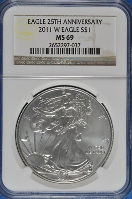 2011 W Burnished 1 OZ Silver American Eagle NGC MS 69 25th Anniversary - Image 1 of 2