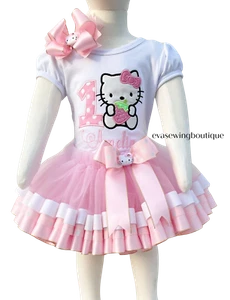 Personalized 12m Hello Kitty Polkadot Tutu Outfit, Custom Glitter Birthday Set - Picture 1 of 2