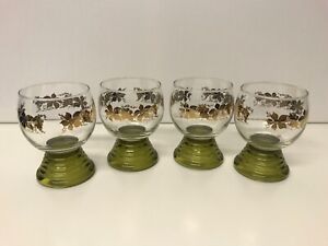 Vintage 4 x Roemer German Wine Glasses Olive Green Beehive Hollow Stem 120 mls