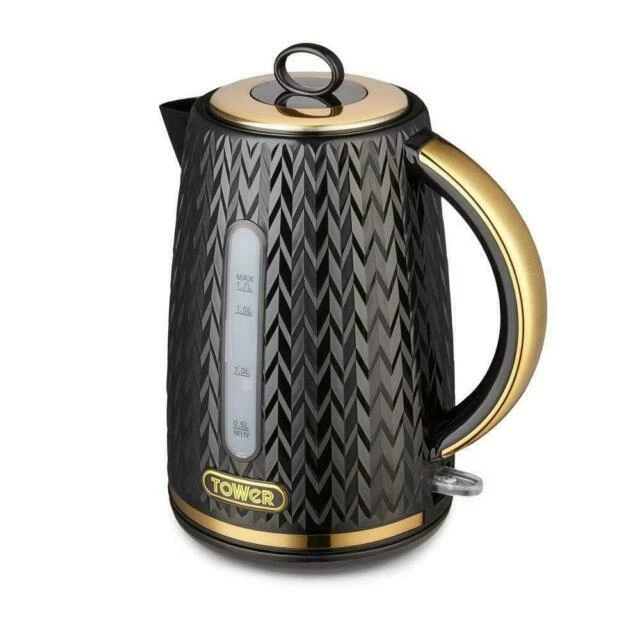 Tower T10052BLK Rapid Boil, Removable Filter, 3000 W with Brass Accents Empire Kettle - 1.7 Litre - Black