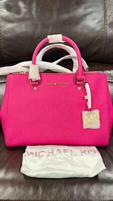 NUEVO CON ETIQUETAS BOLSO CARTERA MICHAEL KORS SUTTON MEDIANO CUERO SAFFIANO FRAMBUESA Dorado $328 Foto 1 de 4