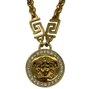 Versace Necklace Pendant Medusa Rhinestone Gold Men's Very Good Condition USED - Picture 1 of 6