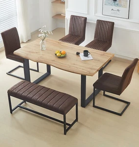 Dining Table Set, Large Kitchen Table (1.6m) with 4 Brown Chairs & Bench (110cm) - Picture 1 of 8