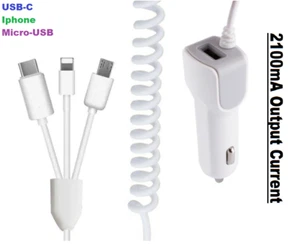 3 in 1 2100mA USB Super Fast Car Charger With Cables For iPhone USB C Micro USB - Picture 1 of 6