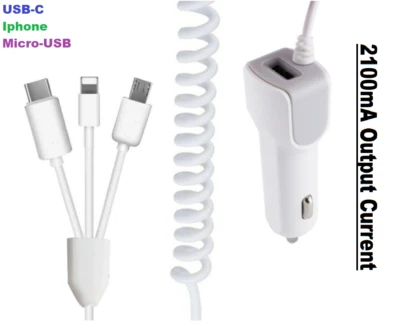 3 in 1 2100mA USB Super Fast Car Charger With Cables For iPhone USB C Micro USB - Image 1 of 4