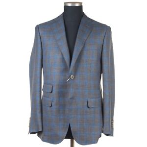 €2900 RAVAZZOLO Wool Silk Linen Suit Blazer Grey Dark Blue Plaid EU:56 R S US:46
