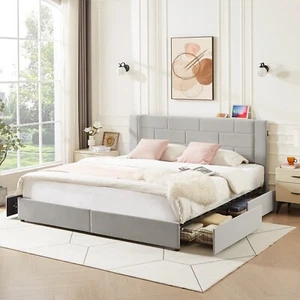 Queen King Size Bed Frame with 4 Storage Drawers and USB Ports Charging Station - Picture 1 of 36