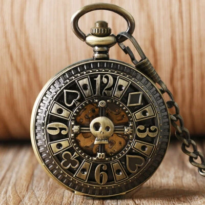 Retro Poker Hollow Skull Copper Automatic Mechanical Men Pocket Watch Chain Gift - Image 1 of 4