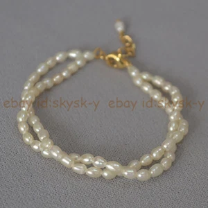 2 Strands 4-5mm Genuine Natural White Freshwater Rice Pearl Bracelet 7.5inch - Picture 1 of 5