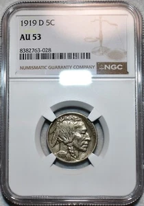 NGC AU-53 1919-D Buffalo Nickel, Razor-Sharp, Richly Hued, Scarce Date! - Picture 1 of 2