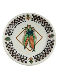 Fresh Garden 10.5" Dinner Plate Corn Blue Check Vegetables Stoneware - Picture 1 of 8