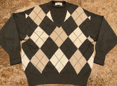 SUÉTER DE GOLF CLARK & GREGORY CACHEMIR ARGYLE CUELLO EN V (HOMBRE XL) GRIS USADO Foto 1 de 4