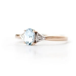 18K. SOLID GOLD RING WITH DIAMONDS & AQUAMARINE (Rose Gold) - Picture 1 of 8