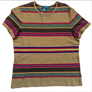 Vintage 90s Lauren Ralph Lauren Textured Striped Cotton Tee Shirt Blouse - Picture 1 of 4