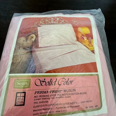 Sábana inferior Sears de colección como nueva sellada totalmente ajustada rosa muselina algodón mezcla de polietileno  Foto 1 de 4