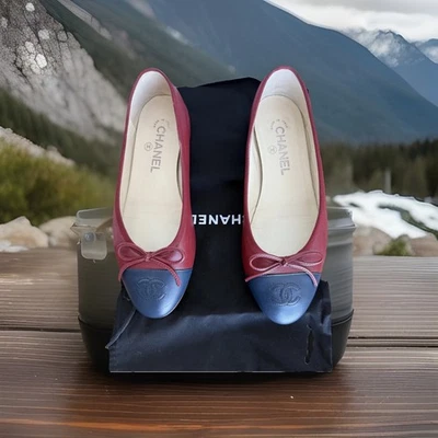 Chanel Burgundy/Navy Ballerina Lambskin Leather Ballet Women's Flats Size 37.5 - Image 1 of 4