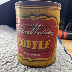 Vintage Goldene Hochzeit Kaffeedose Schlüsselaufzug aber kein Schlüssel KC MO USA gebraucht leer 2 Pfund - Bild 1 von 10