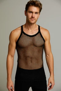 Men's String Mesh Vest XL 100% Cotton Gym Tank Top Fit Muscle Black White - Picture 1 of 5