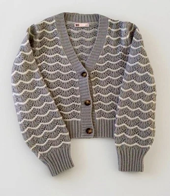 SO-Mujer’s Talla S-Cardigan Suéter-Largo Slv-Gris/Blanco-Patrón Ondulado-Acrílico Foto 1 de 4