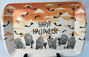 Happy Halloween Serving Tray Cambridge Bats Tombstones Black Cat 15.5” X 10” - Picture 1 of 13