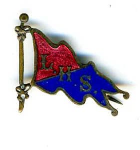 Pinback bandera esmaltada de dos colores de la década de 1890 L.H.S. ¿Escuela secundaria? - Imagen 1 de 1