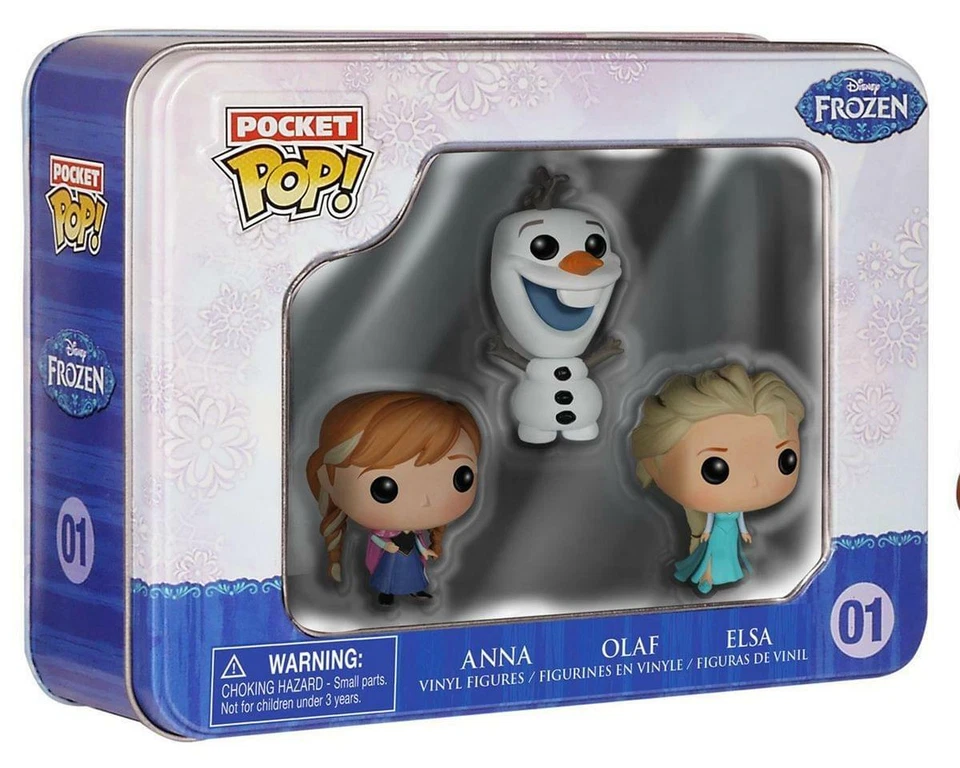 Disney Frozen Pocket Pop Vinyl Figures Elsa Anna Olaf Tin Box Set Cake Topper - Image 1 of 2