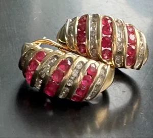14K YELLOW GOLD DIAMOND AND RUBI SEMI HOOP EARRINGS - Picture 1 of 8