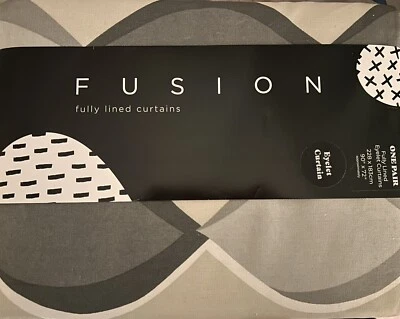 Fusion Lennox Geometric Ogee 100% Cotton Eyelet Fully Lined Curtains Grey 90x72 - Image 1 of 4