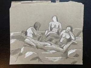 Cubist Sketch of Bathers on Rocks Charcoal And Chalk European Early 20th Century - Picture 1 of 5