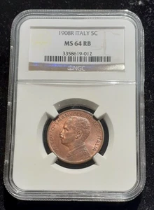 =CASE_OFFER= Italy 5 Centisimi 1908 R NGC MS-64 RB - Picture 1 of 3