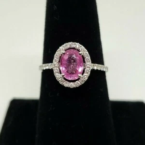 18k White Gold Oval 1.8ct Pink Sapphire And Diamond Halo Ring Size 8.5 3.8 Grams - Picture 1 of 12